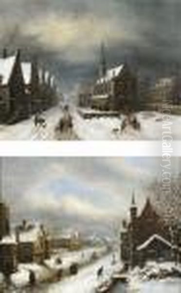 Rues D'une Ville Flamande Sous La Neige Animee De Personnages Oil Painting by Louis Claude Malbranche