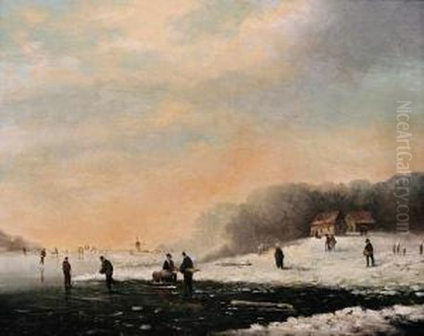 Winter Landscape With Skaters Oil Painting by Louis Claude Malbranche