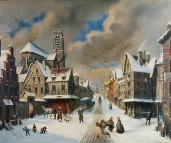 Winter Town Scene Oil Painting by Louis Claude Malbranche