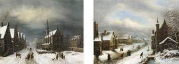 Rues D'une Ville Flamande Sous La Neige Animee De Personnages Oil Painting by Louis Claude Malbranche