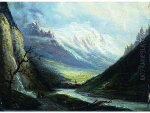 La Vallee De Chamonix, Le Mont 
Blanc, Le Village Dargentiere Etlarve, Les Aiguilles Vertes A Gauche 
Et Les Aiguilles Rousses Adroite Oil Painting by Louis Claude Malbranche