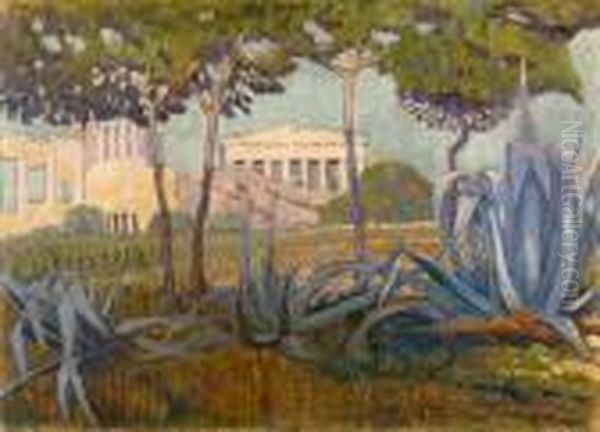 Acropolis / Acropole Vue Entre Des Pins Et Aloes Oil Painting by Konstantinos Maleas