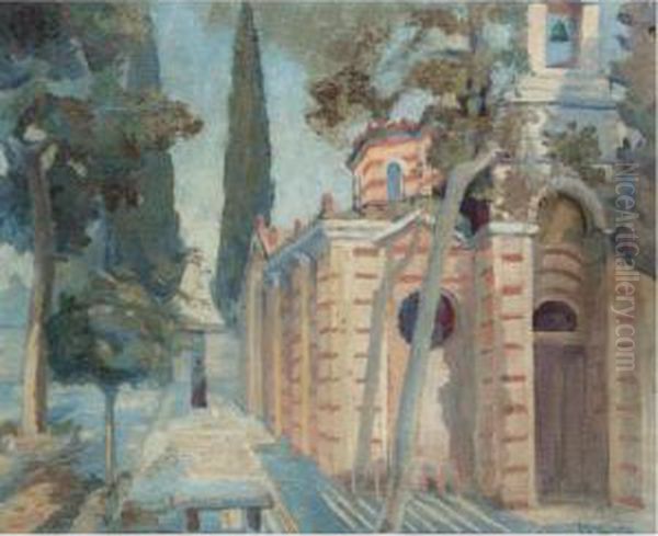 Greek Monastery Oil Painting by Konstantinos Maleas