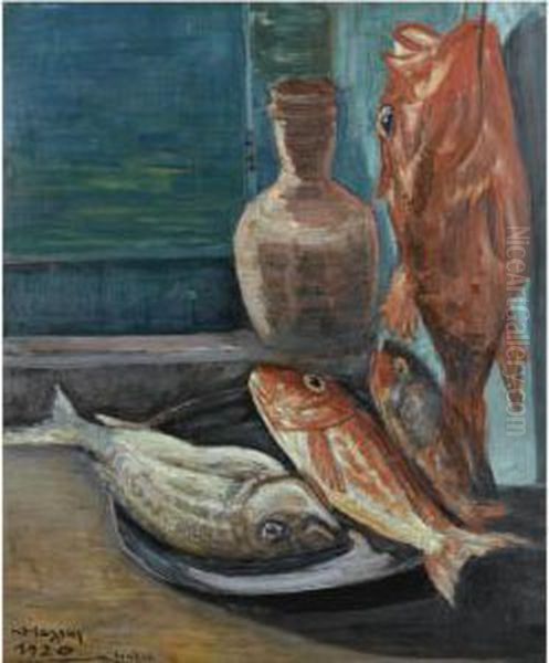 Still Life With Red Snapper, Naxos Oil Painting by Konstantinos Maleas