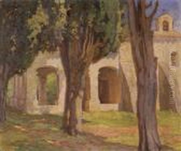 Monastery, Kessariani, Signed With Initials Km (lower Right) Oil Painting by Konstantinos Maleas