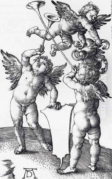 Three Putti With Shield And Helmet Oil Painting by Albrecht Durer