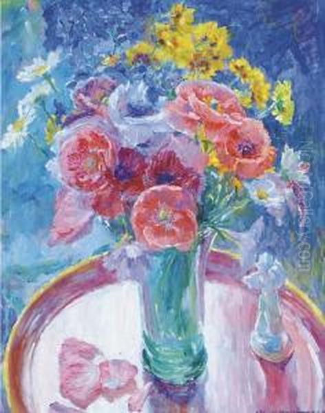 Poppies And Other Flowers In A Vase Oil Painting by William Malherbe