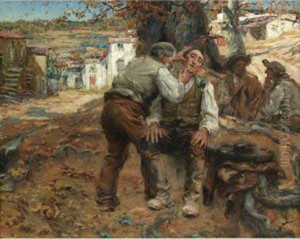 O Barbeiro Da Aldeia (a Close Shave) Oil Painting by Jose Malhoa