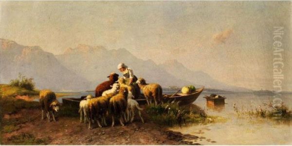 Junge Hirtin Im Kahn Am Ufer Einesoberbayerischen Bergsees (chiemsee) Oil Painting by Christian Friedrich Mali