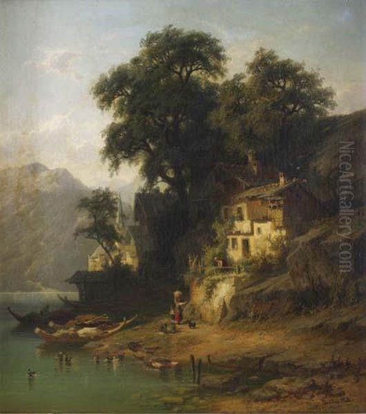 Bergsee Mit Kirche Und Hausern Oil Painting by Christian Friedrich Mali