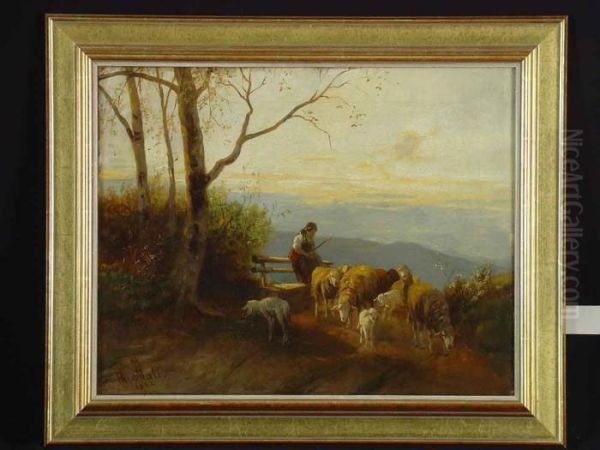 Schafherde Mit Hirtin Im Abendlicht Oil Painting by Christian Friedrich Mali