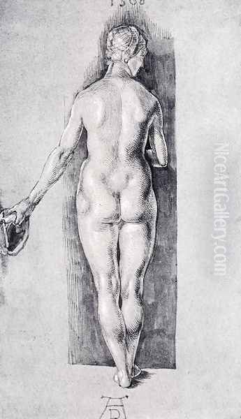 Rear View Of A Female Nude Holding A Cap Oil Painting by Albrecht Durer