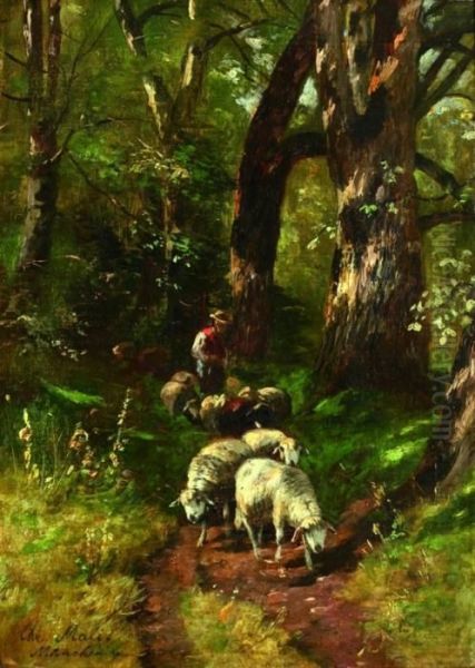 Waldlandschaft Mit Schafherde. Oil Painting by Christian Friedrich Mali