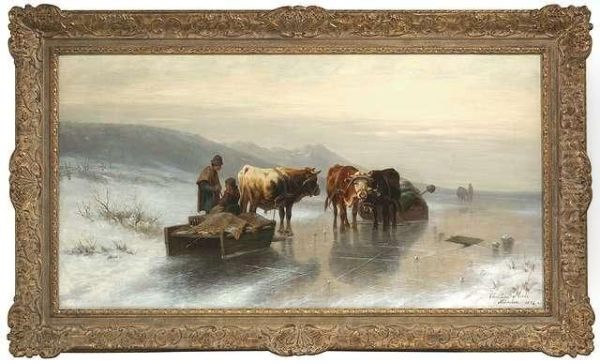 Wintry Landscape With Two Teams Of Oxens On A Frozen Lake Oil Painting by Christian Friedrich Mali