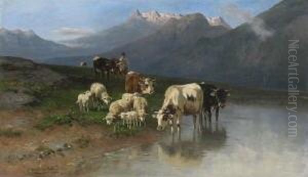 Kuhe Und Schafe Am Ufer Eines
 Gebirgssees. Oil Painting by Christian Friedrich Mali