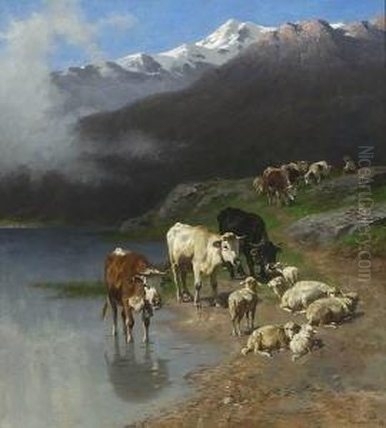 Kuhe Und Schafe Mit Einem
 Huterjungen Am Ufer Eines Gebirgsees. Oil Painting by Christian Friedrich Mali