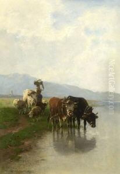 Hirtin Mit Schafen Und Ochsen An
 Der Tranke Oil Painting by Christian Friedrich Mali