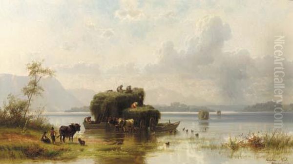 Unloading Haybarges, Chiemsee Oil Painting by Christian Friedrich Mali