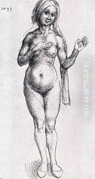 Female Nude (With Headcloth And Slippers) Oil Painting by Albrecht Durer