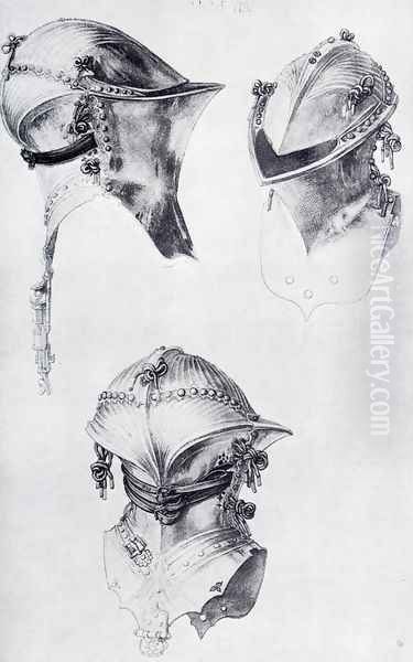 Side Front And Back View Of A Helmet Oil Painting by Albrecht Durer