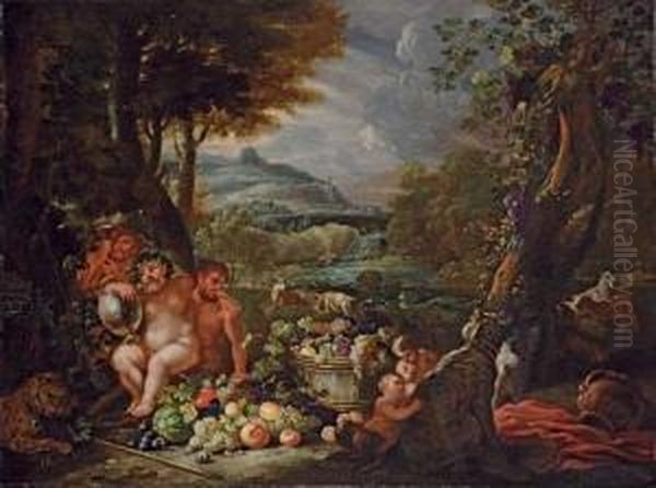 Silenus, With Centaurs, Leopards And A Barrel Of Fruit In An Extensive River Landscape Oil Painting by Nicola Malinconico