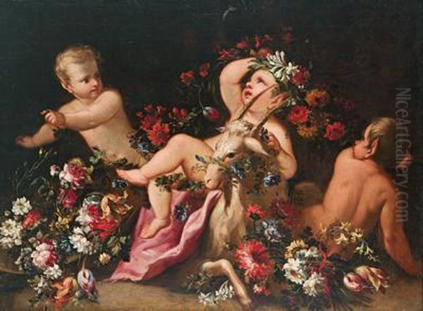 Natura Morta Di Fiori E Putti Oil Painting by Nicola Malinconico