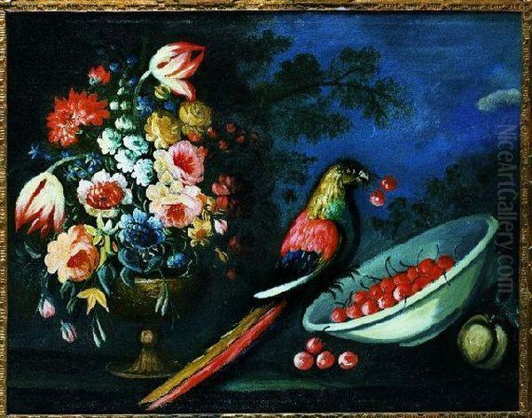 A Bouquet Of Summer Flowers, 
Including Peonies, Tulips And Otherflowers With A Parrot Picking Ripe 
Cherries From An Overturnedbowl, In A Landscape Oil Painting by Nicola Malinconico