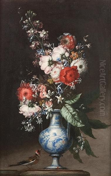 Chrysanthemums, Roses, Bluebells
 And Other Flowers In A Blue And White Vase On A Stone Ledge With A 
Greenfinch Nearby Oil Painting by Nicola Malinconico