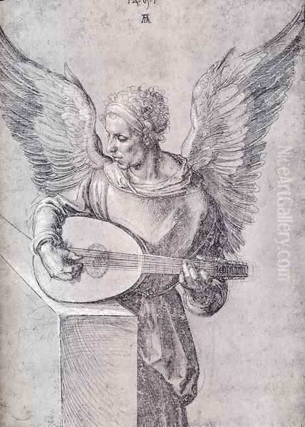 Winged Man, In Idealistic Clothing, Playing a Lute Oil Painting by Albrecht Durer