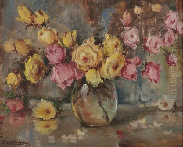 Vaso Di Rose Oil Painting by Angelo Malinverni