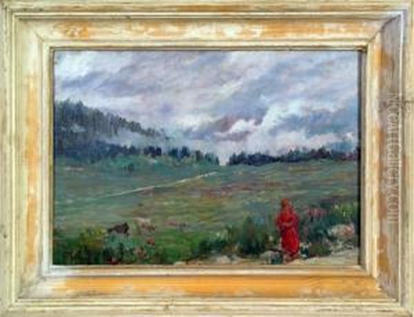 Paesaggio Di Montagna Con Pastorella Nei Pressi Di Asiago Oil Painting by Angelo Malinverni