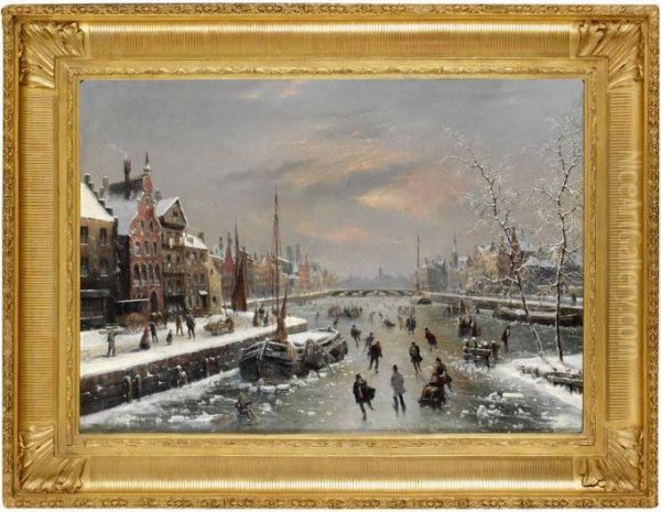 Skridskoakare Pa Frusen Kanal Oil Painting by Louis-Claude Mallebranche