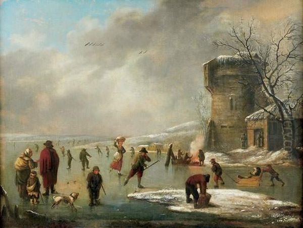 Paysans Et Patineurs Sur Une Riviere Gelee Oil Painting by Louis-Claude Mallebranche