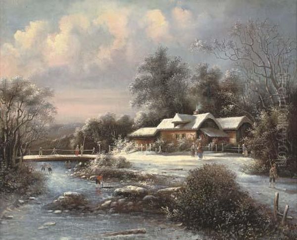 Skaters And Fishermen At A Bridge On A Frozen River Oil Painting by Louis-Claude Mallebranche