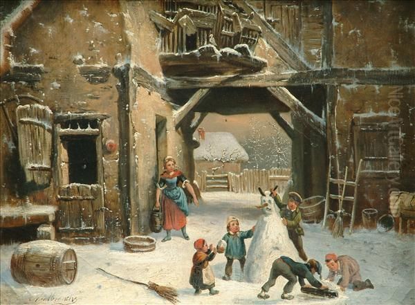 Children Building A Snowman Oil Painting by Louis-Claude Mallebranche