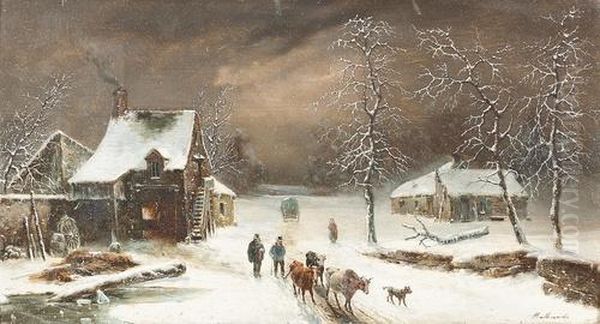 Abendliche Winterlandschaft Bei Einem Weiler. Oil Painting by Louis-Claude Mallebranche