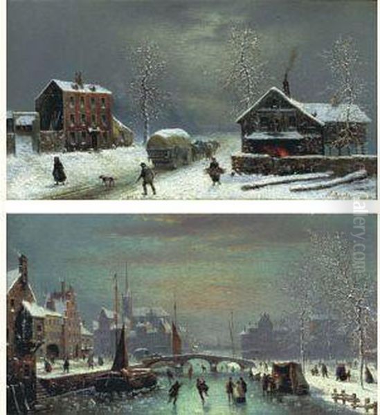 Patineurs Sur Une Riviere Gelee Traversant Une Ville Oil Painting by Louis-Claude Mallebranche