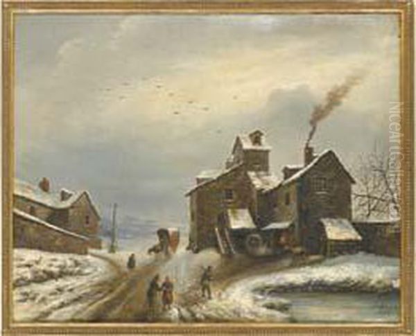 Village Enneige Oil Painting by Louis-Claude Mallebranche