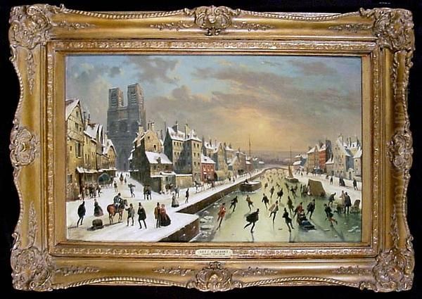 Ice Skaters On A Frozen Canal Oil Painting by Louis-Claude Mallebranche