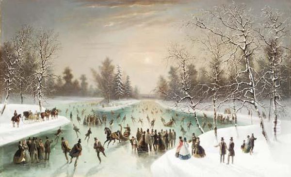 Skaters In A Snowy Landscape Oil Painting by Louis-Claude Mallebranche