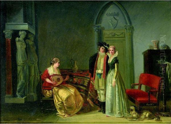 A Serenade With An Engaged Couple Oil Painting by Jean-Baptiste Mallet