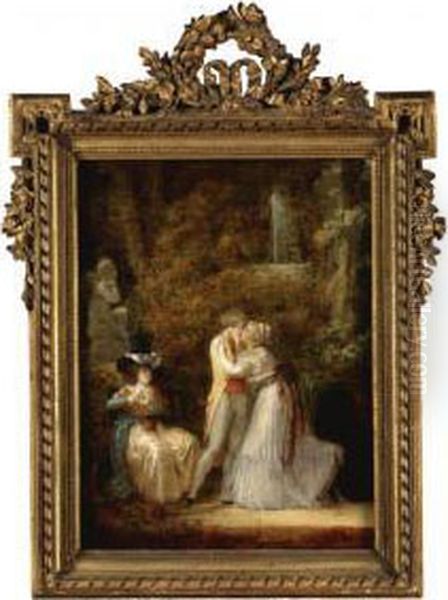 An Elegant Couple Dancing In A Park Beside A Seated Woman Oil Painting by Jean-Baptiste Mallet