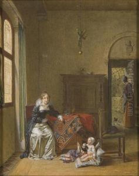 Une Femme Assise Dans Un 
Interieur Hollandais Surveillant Ses Enfants, Une Gouvernante A 
L'arriere-plan Oil Painting by Jean-Baptiste Mallet