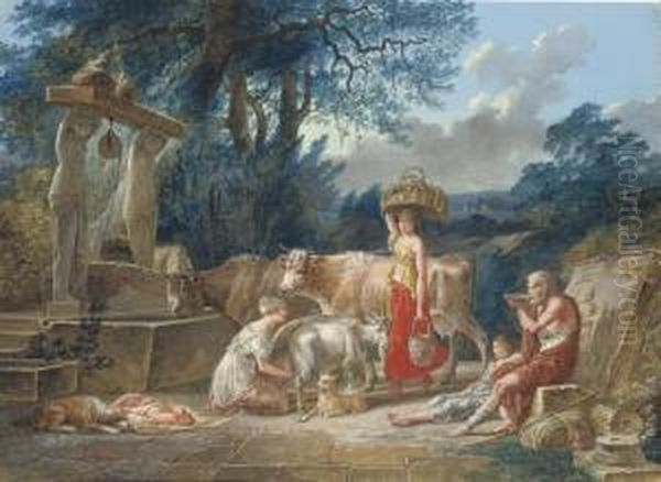 A Peasant Family And Their Animals By A Well In A Classical Landscape Oil Painting by Jean-Baptiste Mallet