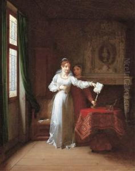 A Lady Burning Letters In An Elegant Interior Oil Painting by Jean-Baptiste Mallet