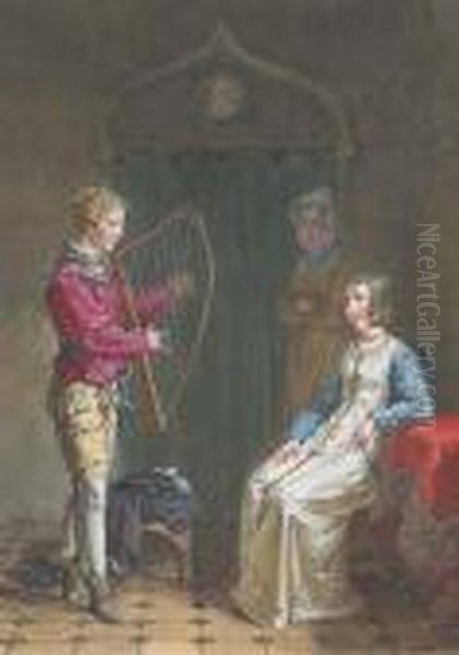 Un Jeune Homme Jouant De La 
Harpe Devant Une Femme Et Une Servantedans Un Interieur Gothique Oil Painting by Jean-Baptiste Mallet