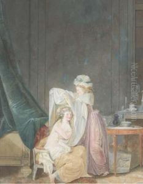 Une Servante Aidant Une Femme Assise A S'habiller Dans Une Chambrelouis Xvi Oil Painting by Jean-Baptiste Mallet