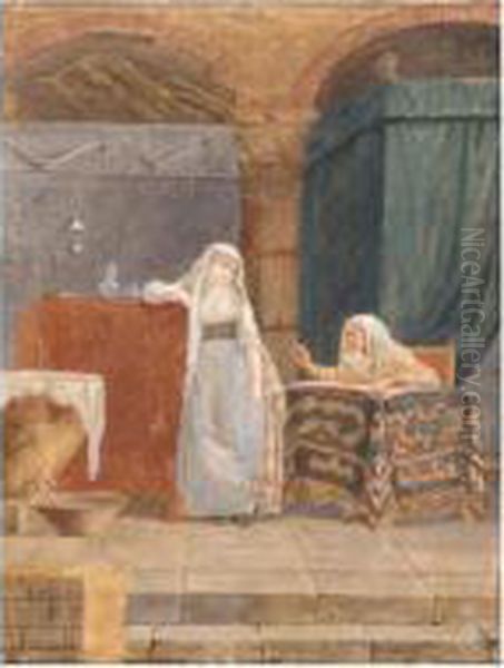 A Young Woman Lectured By An Old Woman In An Arched Interior Oil Painting by Jean-Baptiste Mallet