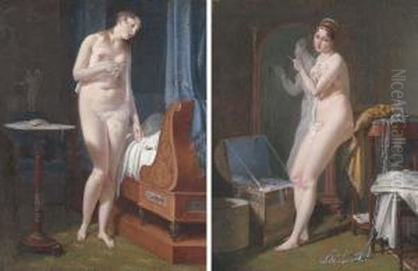 La Veille Du Mariage: A Nude 
Woman Standing By A Bedridden Man; Andle Lendemain Du Mariage: A Nude 
Woman Bedecked With Jewels Standingby A Mirror Oil Painting by Jean-Baptiste Mallet