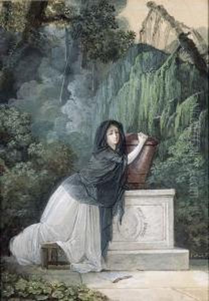 A Woman In Mourning Kneeling In Front Of A Monument Withcupid Oil Painting by Jean-Baptiste Mallet